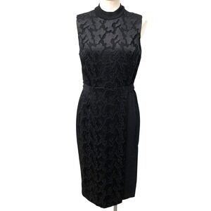 A.L.C. Sheath Dress Womens 8 Black Lace Overlay Mock Neck Midi Sleeveless Party